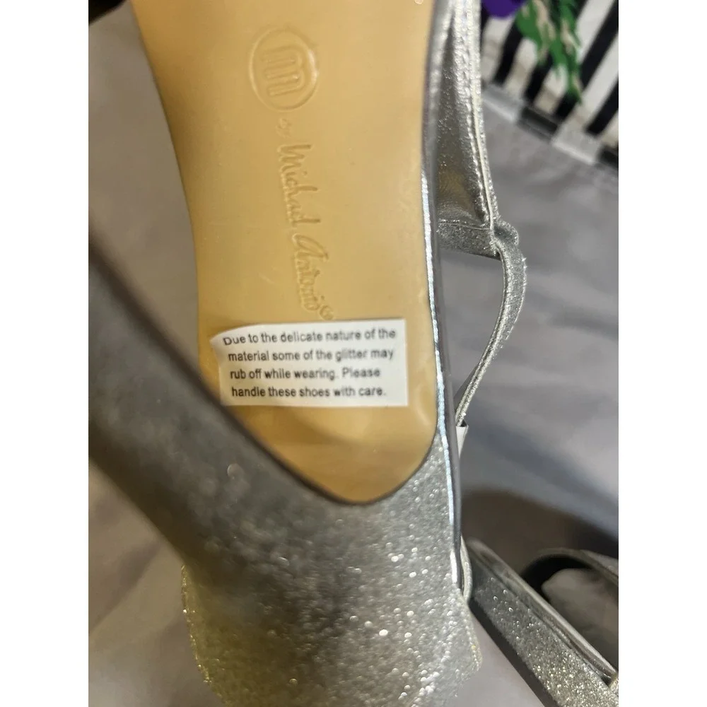 Michael Antonio SILVER Glitter Tipton T-Strap SZ 8.5 Heels W/Box Open Toe (2150)